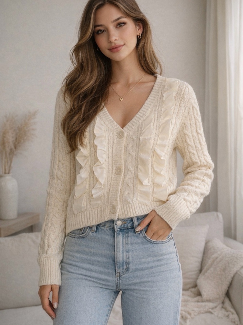 Ruffled Cable Knit V-Neck Cardigan Sweater - Cream